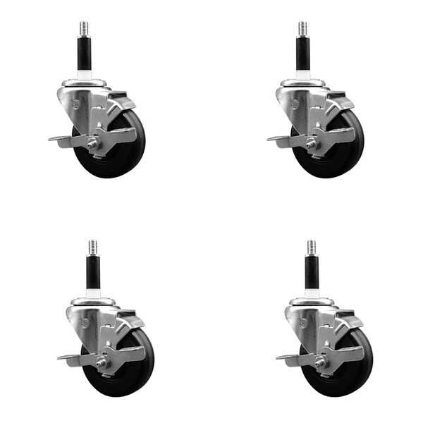 3.5'' SS Phenolic Swivel 7/8'' Expanding Stem Caster Set with Brake, 4PK